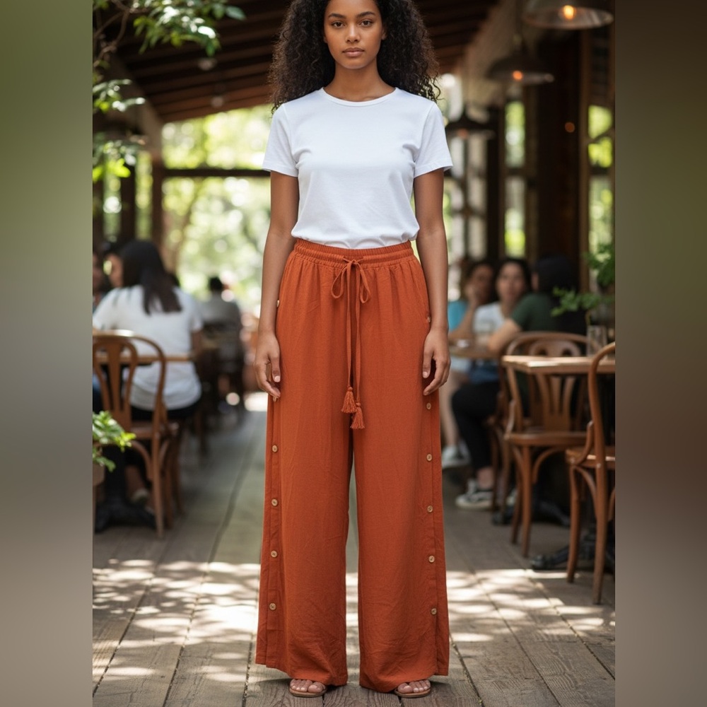 Drawstring Tassel Wide-Leg Pants in Rust